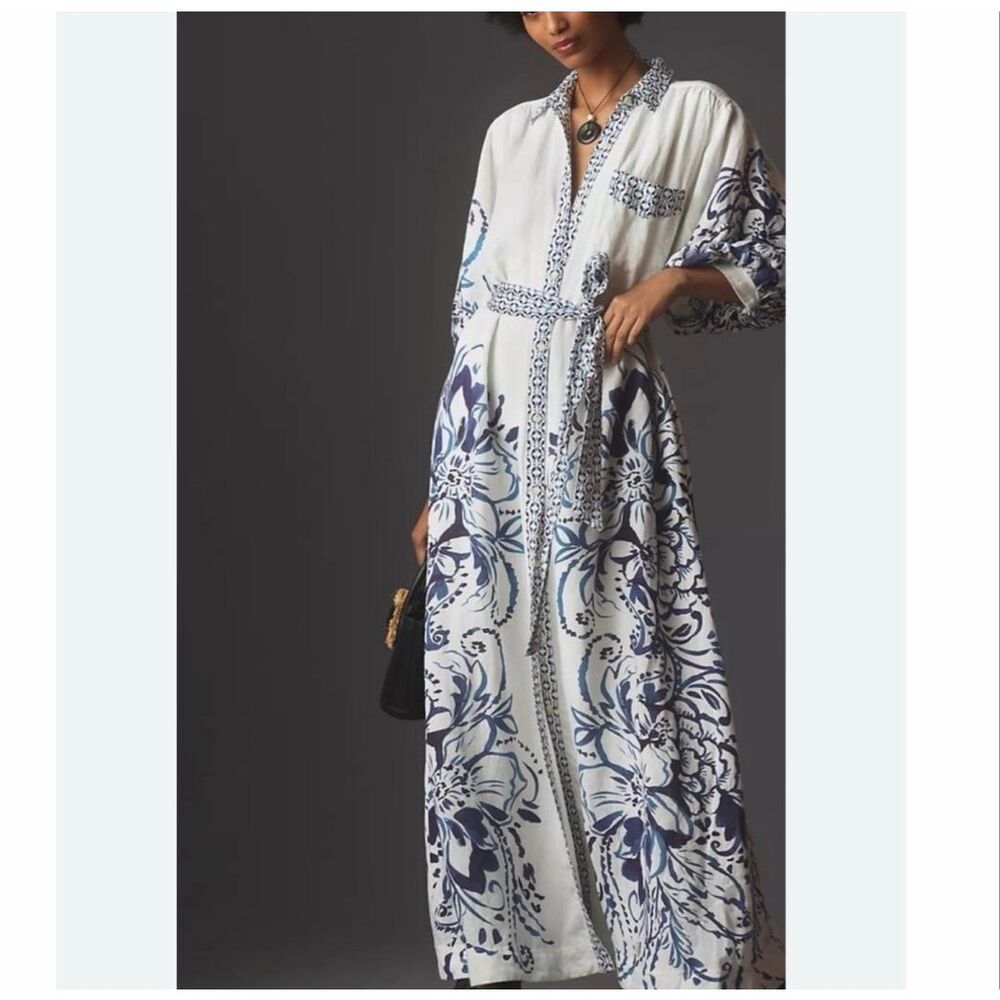 Anthropologie Maeve Shirt Maxi Dress XXS Blue White Irene Linen Button up Belted